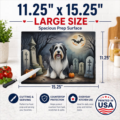 Caroline's Treasures DAC2012LCB Bearded Collie Spooky Halloween Glass Cutting Board Large Decorative Tempered Glass Kitchen Cutting and Serving Board Large Size Chopping Board
