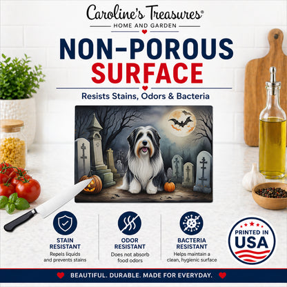 Caroline's Treasures DAC2012LCB Bearded Collie Spooky Halloween Glass Cutting Board Large Decorative Tempered Glass Kitchen Cutting and Serving Board Large Size Chopping Board