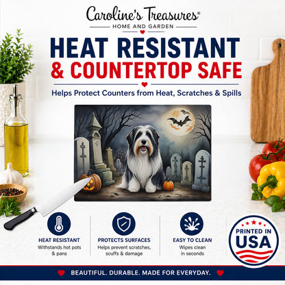 Caroline's Treasures DAC2012LCB Bearded Collie Spooky Halloween Glass Cutting Board Large Decorative Tempered Glass Kitchen Cutting and Serving Board Large Size Chopping Board