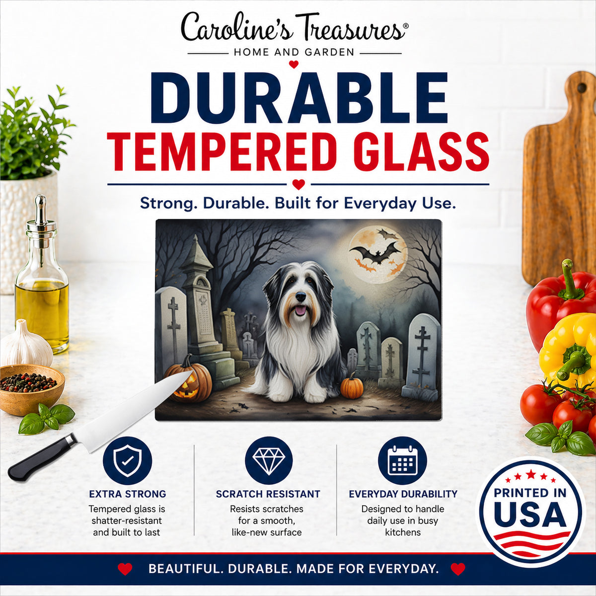 Caroline's Treasures DAC2012LCB Bearded Collie Spooky Halloween Glass Cutting Board Large Decorative Tempered Glass Kitchen Cutting and Serving Board Large Size Chopping Board
