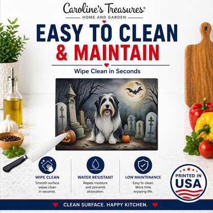 Caroline's Treasures DAC2012LCB Bearded Collie Spooky Halloween Glass Cutting Board Large Decorative Tempered Glass Kitchen Cutting and Serving Board Large Size Chopping Board