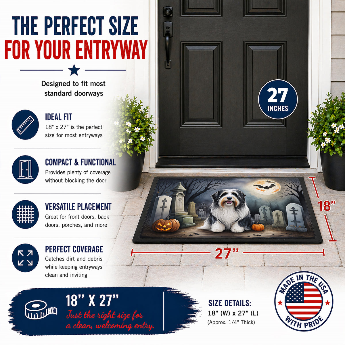 Caroline's Treasures DAC2012MAT Bearded Collie Spooky Halloween Doormat 18x27 Front Door Mat Indoor Outdoor Rugs for Entryway, Non Slip Washable Low Pile, 18H X 27W