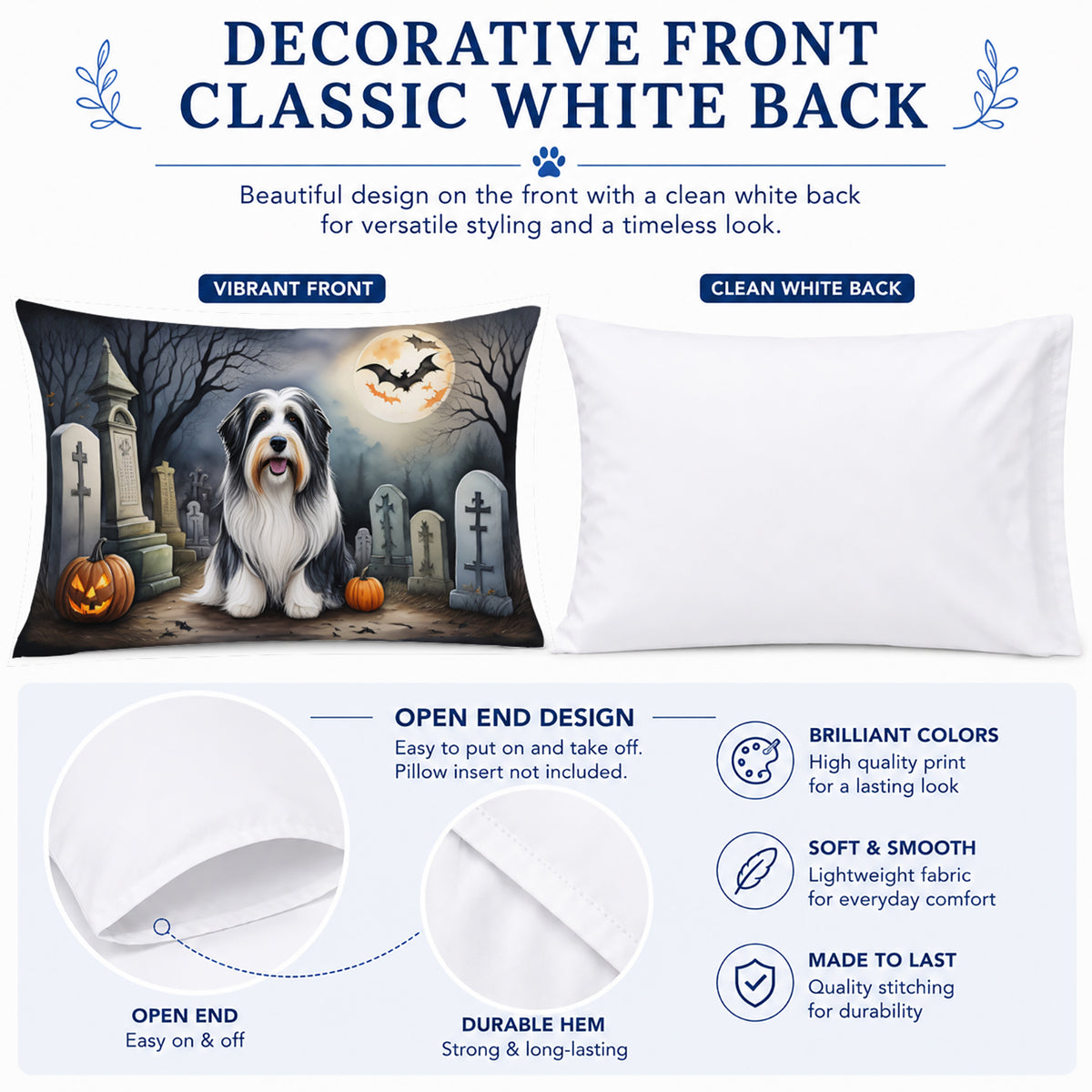 Caroline's Treasures DAC2012PILLOWCASE Bearded Collie Spooky Halloween Fabric Standard Pillowcase Lightweight Super Soft Easy Care Decorative Artwork Pillowcase, Standard