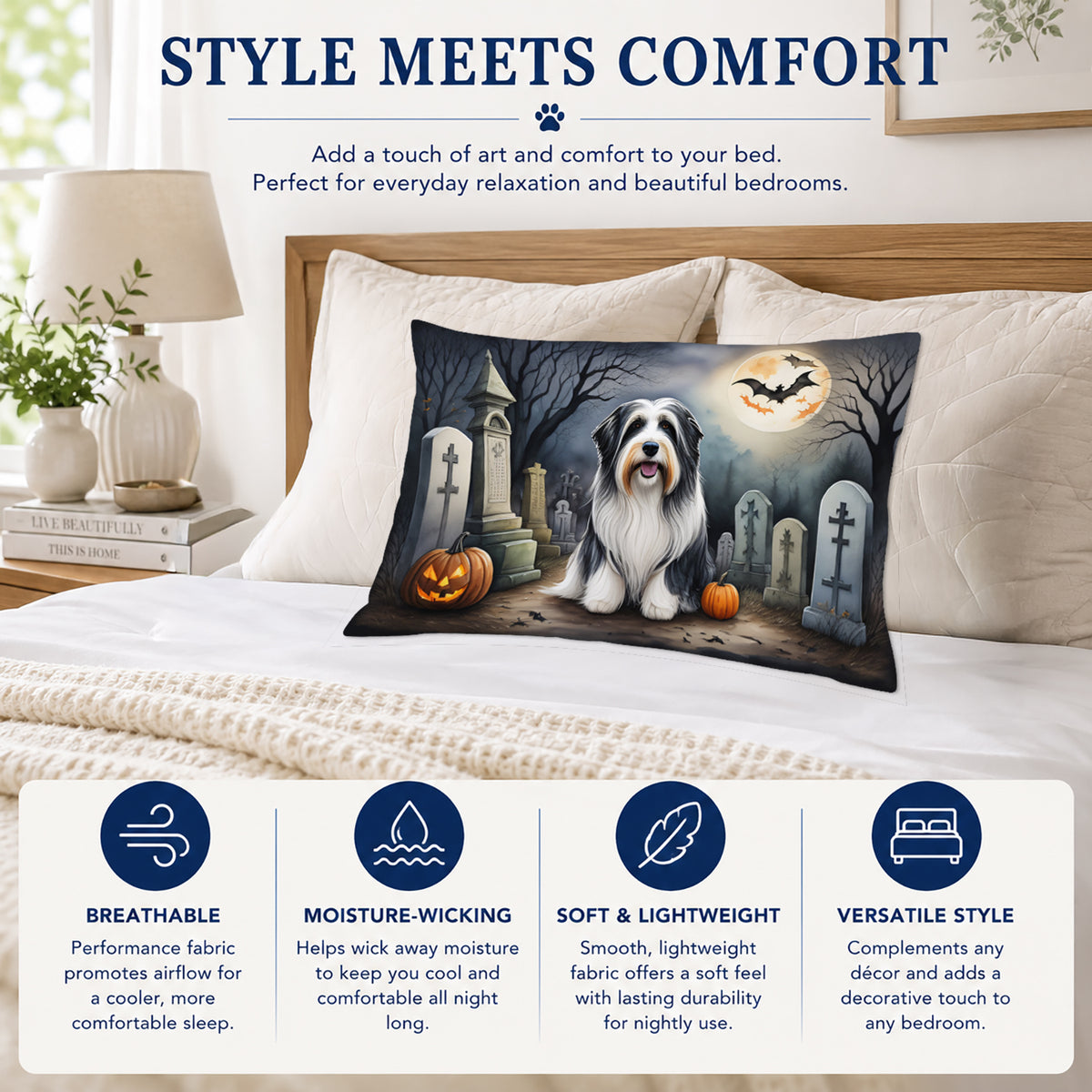 Caroline's Treasures DAC2012PILLOWCASE Bearded Collie Spooky Halloween Fabric Standard Pillowcase Lightweight Super Soft Easy Care Decorative Artwork Pillowcase, Standard