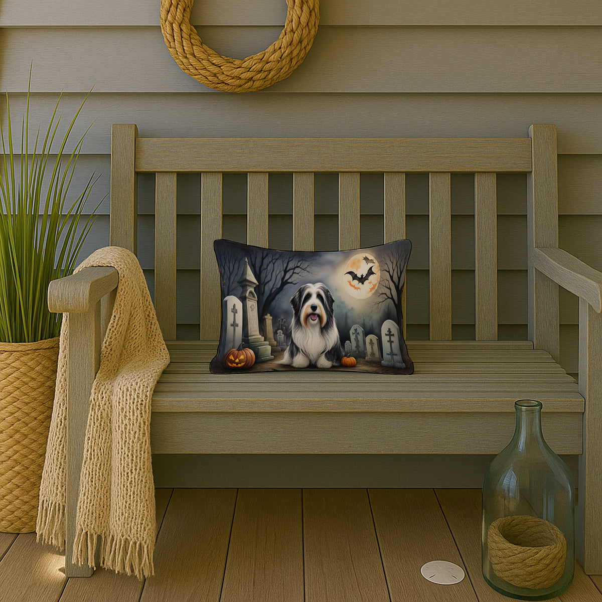 Caroline's Treasures DAC2012PW1216 Bearded Collie Spooky Halloween Fabric Decorative Pillow Machine Washable, Indoor Outdoor Decorative Pillow for Couch, Bed or Patio, 12HX16W