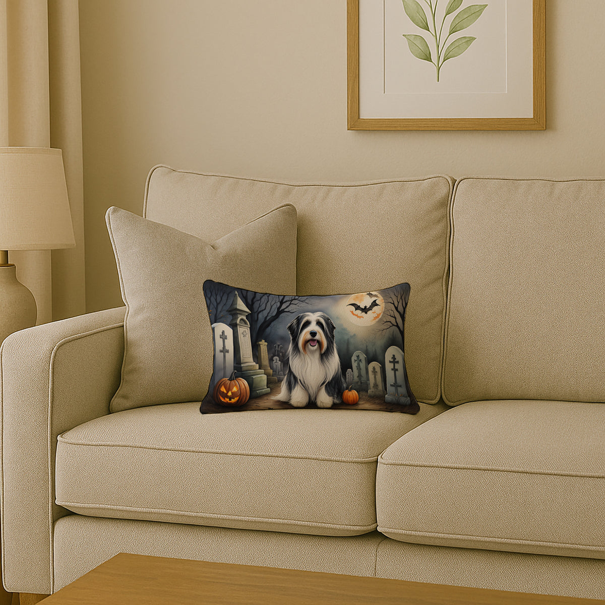 Caroline's Treasures DAC2012PW1216 Bearded Collie Spooky Halloween Fabric Decorative Pillow Machine Washable, Indoor Outdoor Decorative Pillow for Couch, Bed or Patio, 12HX16W