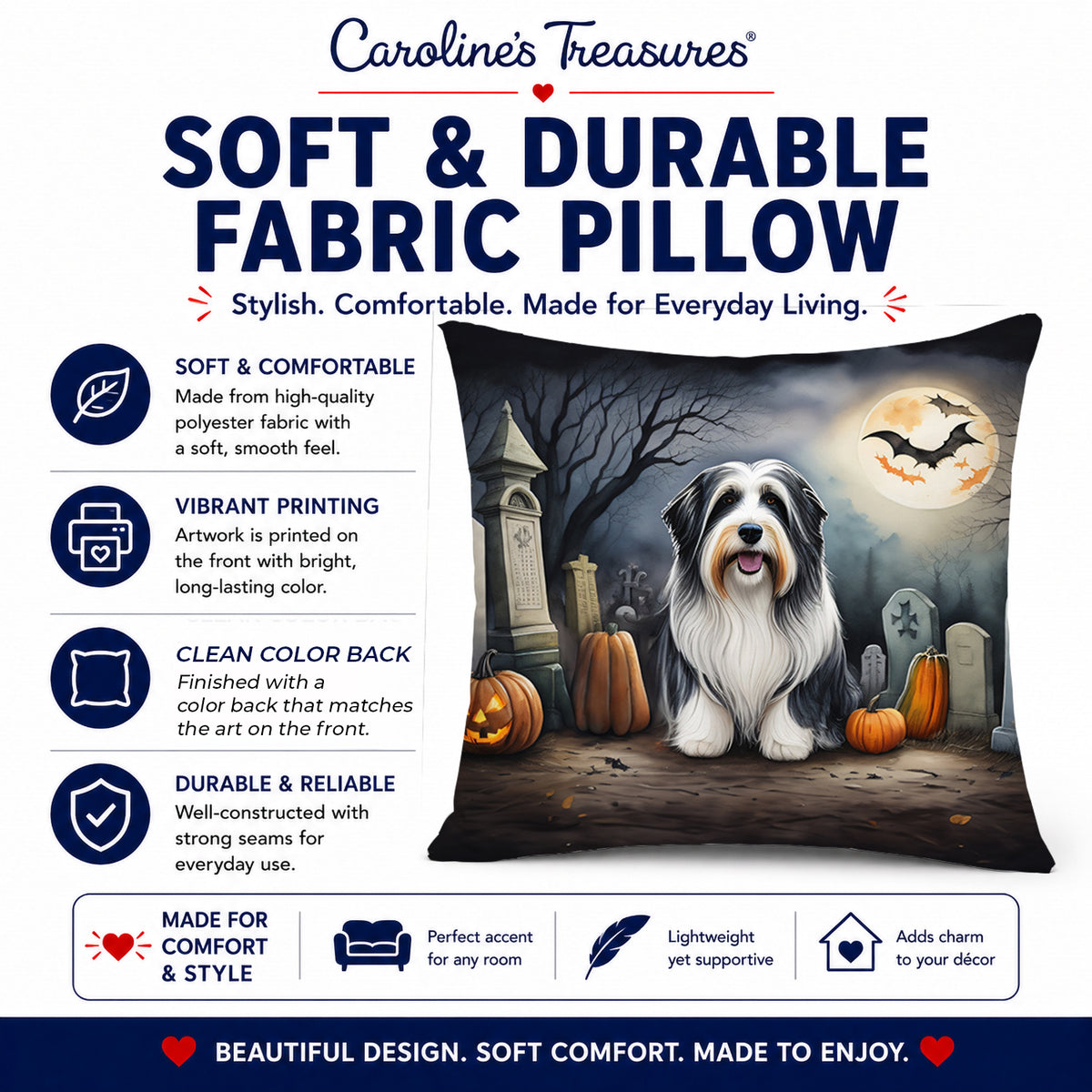 Caroline's Treasures DAC2012PW1414 Bearded Collie Spooky Halloween Fabric Decorative Pillow Machine Washable, Indoor Outdoor Decorative Pillow for Couch, Bed or Patio, 14Hx14W