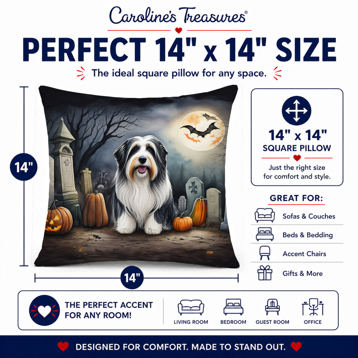 Caroline's Treasures DAC2012PW1414 Bearded Collie Spooky Halloween Fabric Decorative Pillow Machine Washable, Indoor Outdoor Decorative Pillow for Couch, Bed or Patio, 14Hx14W