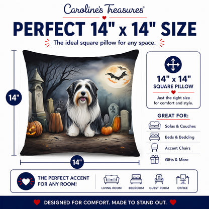 Caroline's Treasures DAC2012PW1414 Bearded Collie Spooky Halloween Fabric Decorative Pillow Machine Washable, Indoor Outdoor Decorative Pillow for Couch, Bed or Patio, 14Hx14W