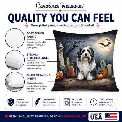 Caroline's Treasures DAC2012PW1414 Bearded Collie Spooky Halloween Fabric Decorative Pillow Machine Washable, Indoor Outdoor Decorative Pillow for Couch, Bed or Patio, 14Hx14W