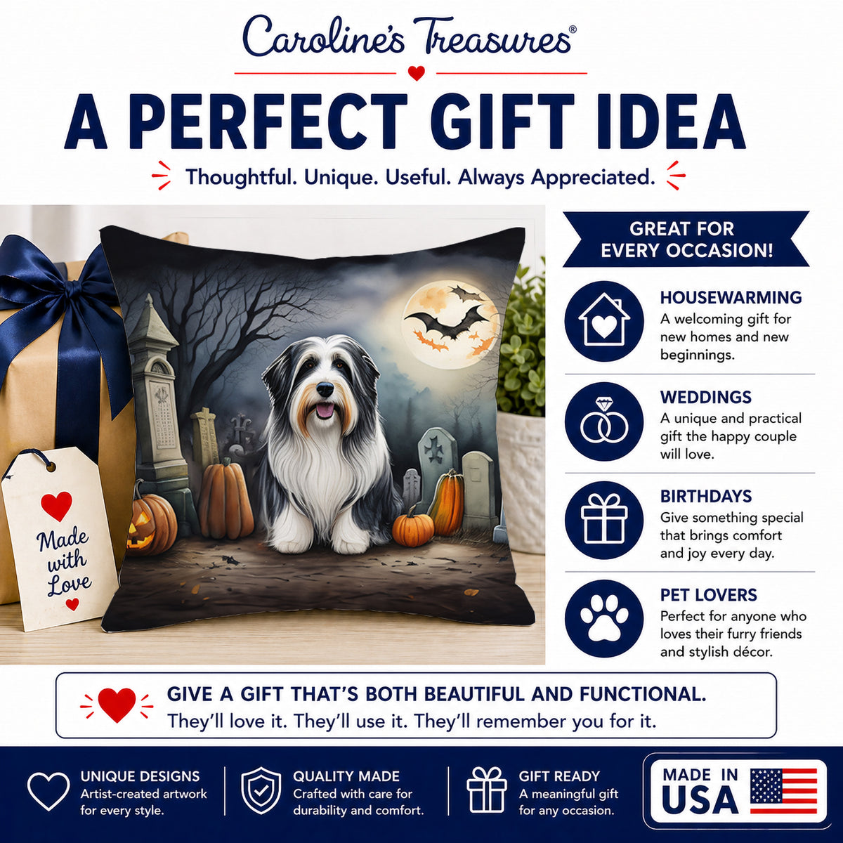Caroline's Treasures DAC2012PW1414 Bearded Collie Spooky Halloween Fabric Decorative Pillow Machine Washable, Indoor Outdoor Decorative Pillow for Couch, Bed or Patio, 14Hx14W