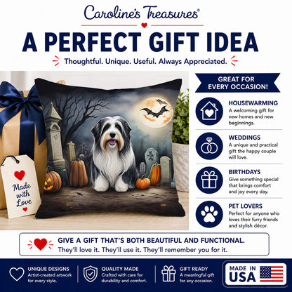 Caroline's Treasures DAC2012PW1414 Bearded Collie Spooky Halloween Fabric Decorative Pillow Machine Washable, Indoor Outdoor Decorative Pillow for Couch, Bed or Patio, 14Hx14W