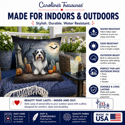 Caroline's Treasures DAC2012PW1414 Bearded Collie Spooky Halloween Fabric Decorative Pillow Machine Washable, Indoor Outdoor Decorative Pillow for Couch, Bed or Patio, 14Hx14W