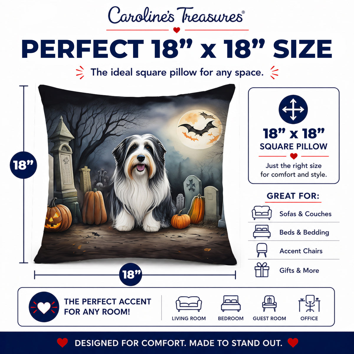 Caroline's Treasures DAC2012PW1818 Bearded Collie Spooky Halloween Fabric Decorative Pillow Machine Washable, Indoor Outdoor Decorative Pillow for Couch, Bed or Patio, 18Hx18W