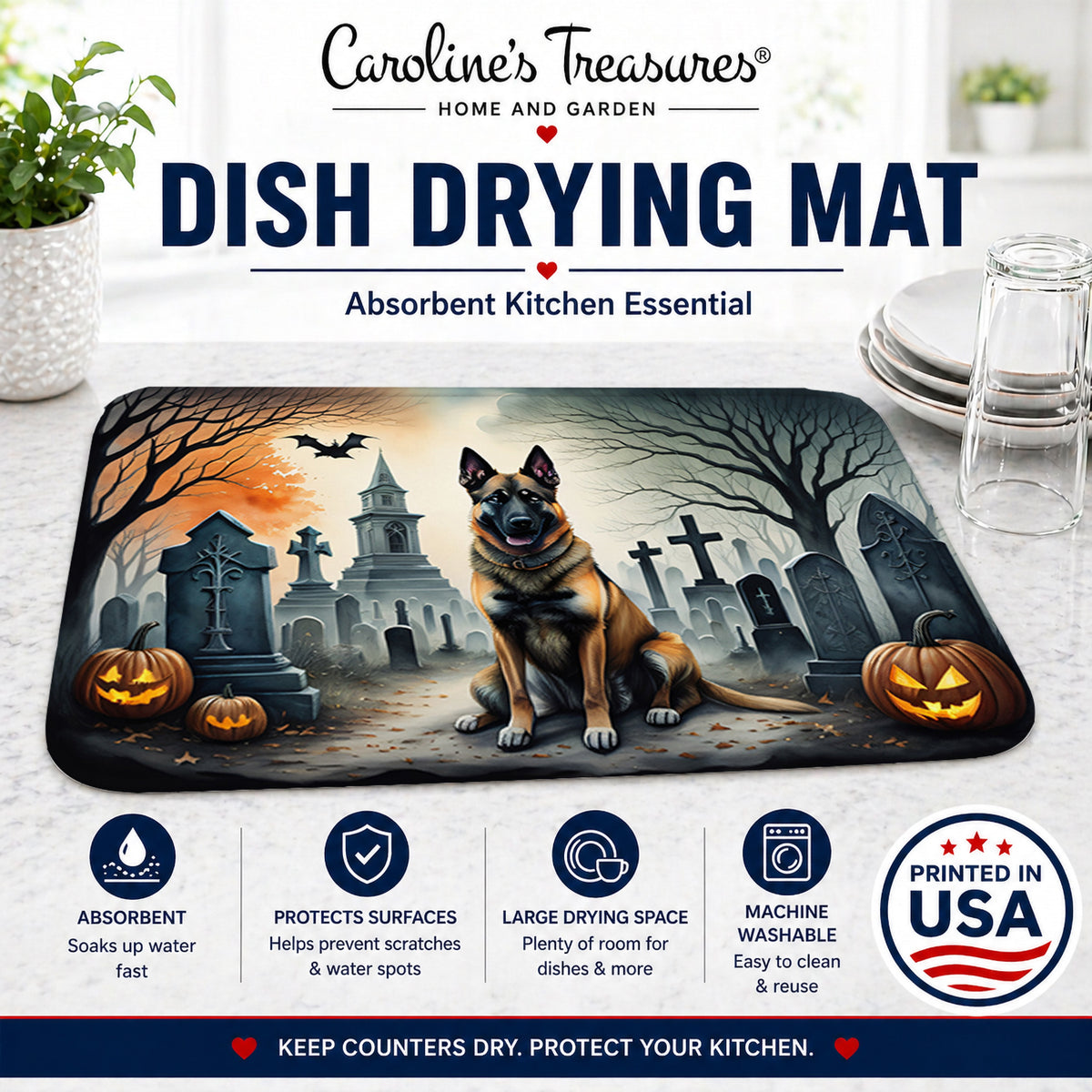 Caroline's Treasures DAC2013DDM Belgian Malinois Spooky Halloween Dish Drying Mat Absorbent Dish Drying Mat Pad for Kitchen Counter Dish Drainer Mat for Countertop, 14 x 21, Multicolor
