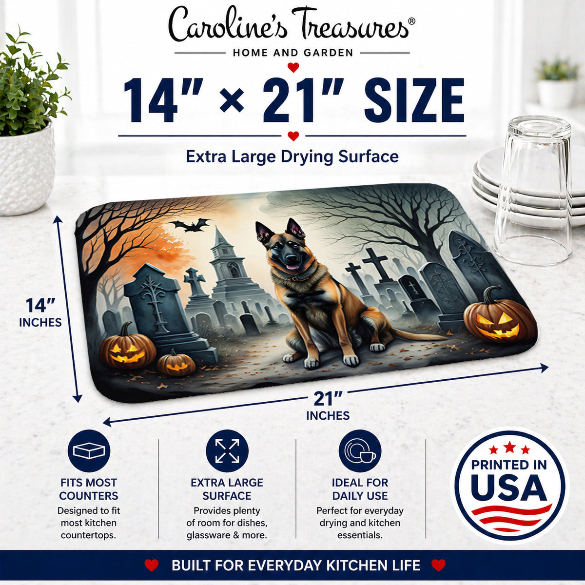 Caroline's Treasures DAC2013DDM Belgian Malinois Spooky Halloween Dish Drying Mat Absorbent Dish Drying Mat Pad for Kitchen Counter Dish Drainer Mat for Countertop, 14 x 21, Multicolor