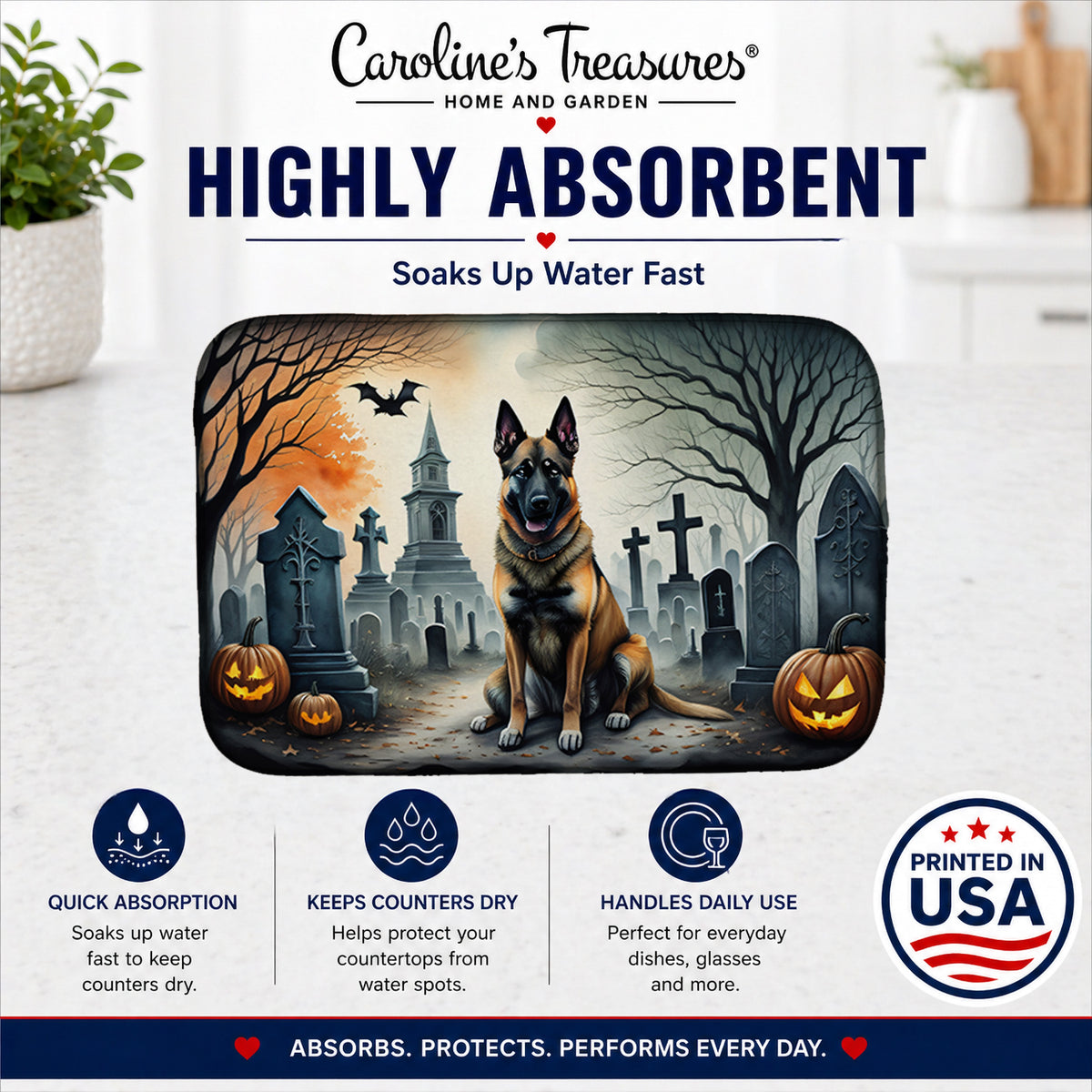 Caroline's Treasures DAC2013DDM Belgian Malinois Spooky Halloween Dish Drying Mat Absorbent Dish Drying Mat Pad for Kitchen Counter Dish Drainer Mat for Countertop, 14 x 21, Multicolor