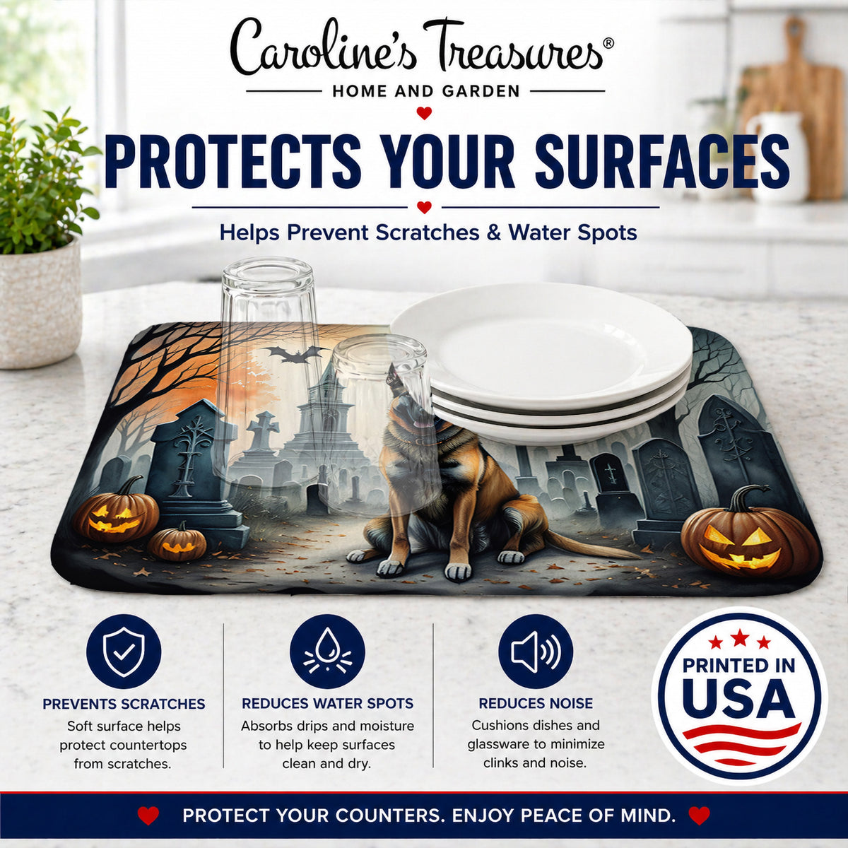 Caroline's Treasures DAC2013DDM Belgian Malinois Spooky Halloween Dish Drying Mat Absorbent Dish Drying Mat Pad for Kitchen Counter Dish Drainer Mat for Countertop, 14 x 21, Multicolor