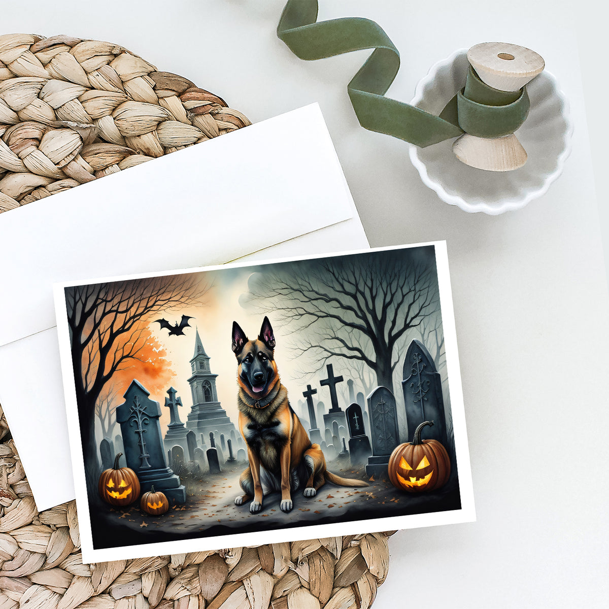 Caroline's Treasures DAC2013GCA7P Belgian Malinois Spooky Halloween Greeting Cards and Envelopes Pack of 8 Blank Cards with Envelopes Whimsical A7 Size 5x7 Blank Greeting Cards