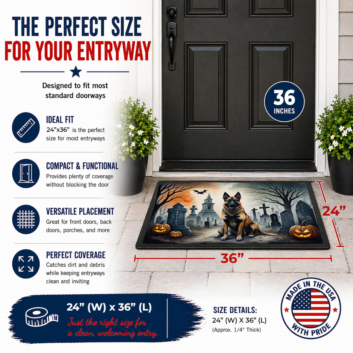 Caroline's Treasures DAC2013JMAT Belgian Malinois Spooky Halloween Indoor or Outdoor Mat 24x36 Front Door Mat Indoor Outdoor Rugs for Entryway, Non Slip Washable Low Pile, 24H X 36W