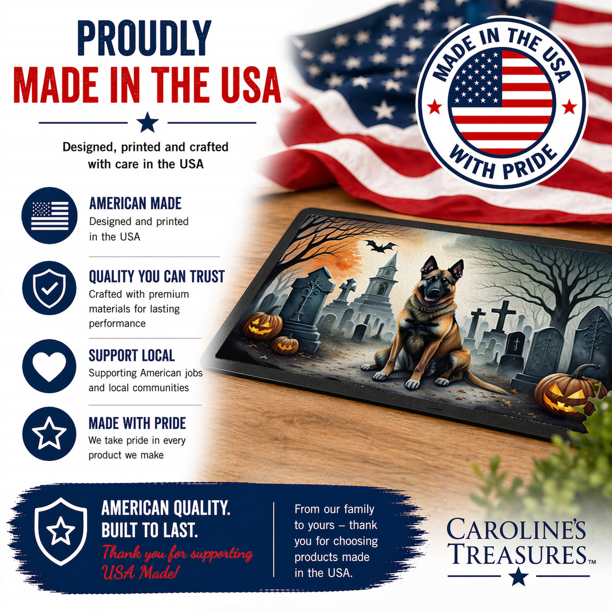 Caroline's Treasures DAC2013JMAT Belgian Malinois Spooky Halloween Indoor or Outdoor Mat 24x36 Front Door Mat Indoor Outdoor Rugs for Entryway, Non Slip Washable Low Pile, 24H X 36W