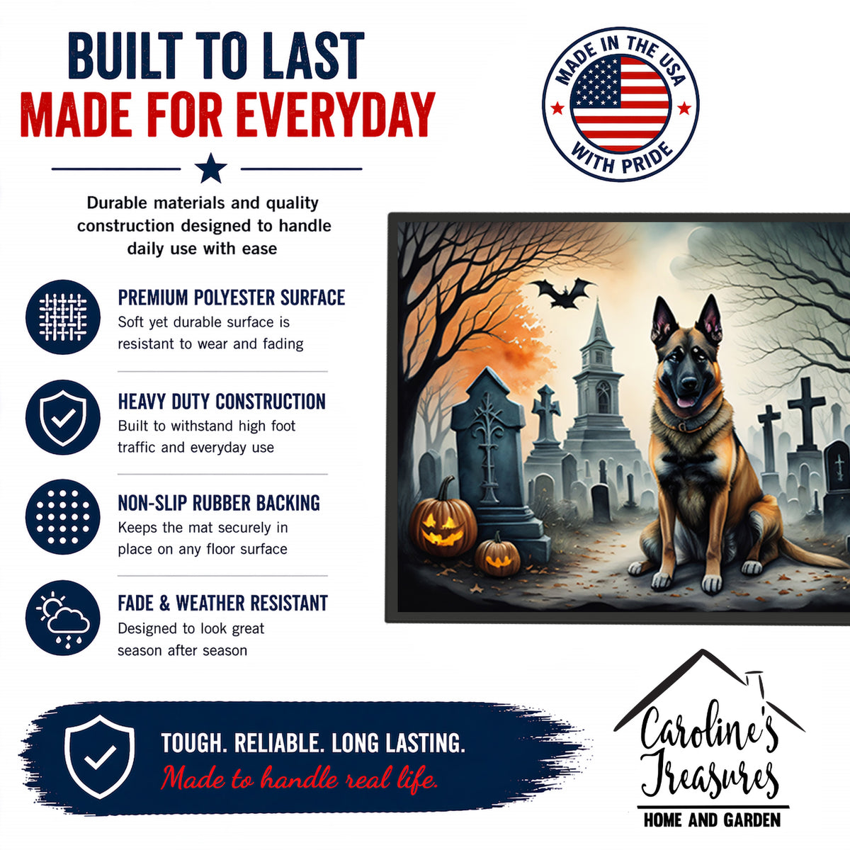 Caroline's Treasures DAC2013JMAT Belgian Malinois Spooky Halloween Indoor or Outdoor Mat 24x36 Front Door Mat Indoor Outdoor Rugs for Entryway, Non Slip Washable Low Pile, 24H X 36W