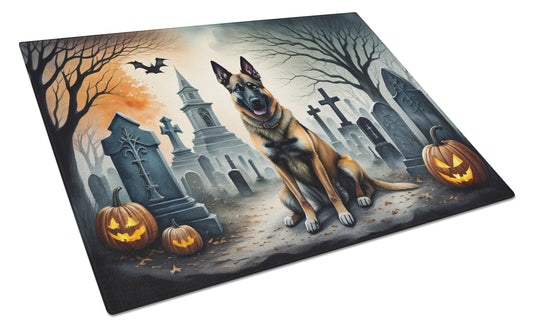 Caroline's Treasures DAC2013LCB Belgian Malinois Spooky Halloween Glass Cutting Board Large Decorative Tempered Glass Kitchen Cutting and Serving Board Large Size Chopping Board