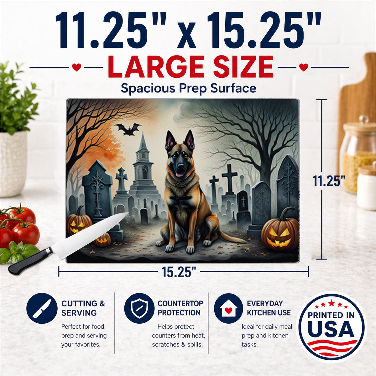 Caroline's Treasures DAC2013LCB Belgian Malinois Spooky Halloween Glass Cutting Board Large Decorative Tempered Glass Kitchen Cutting and Serving Board Large Size Chopping Board