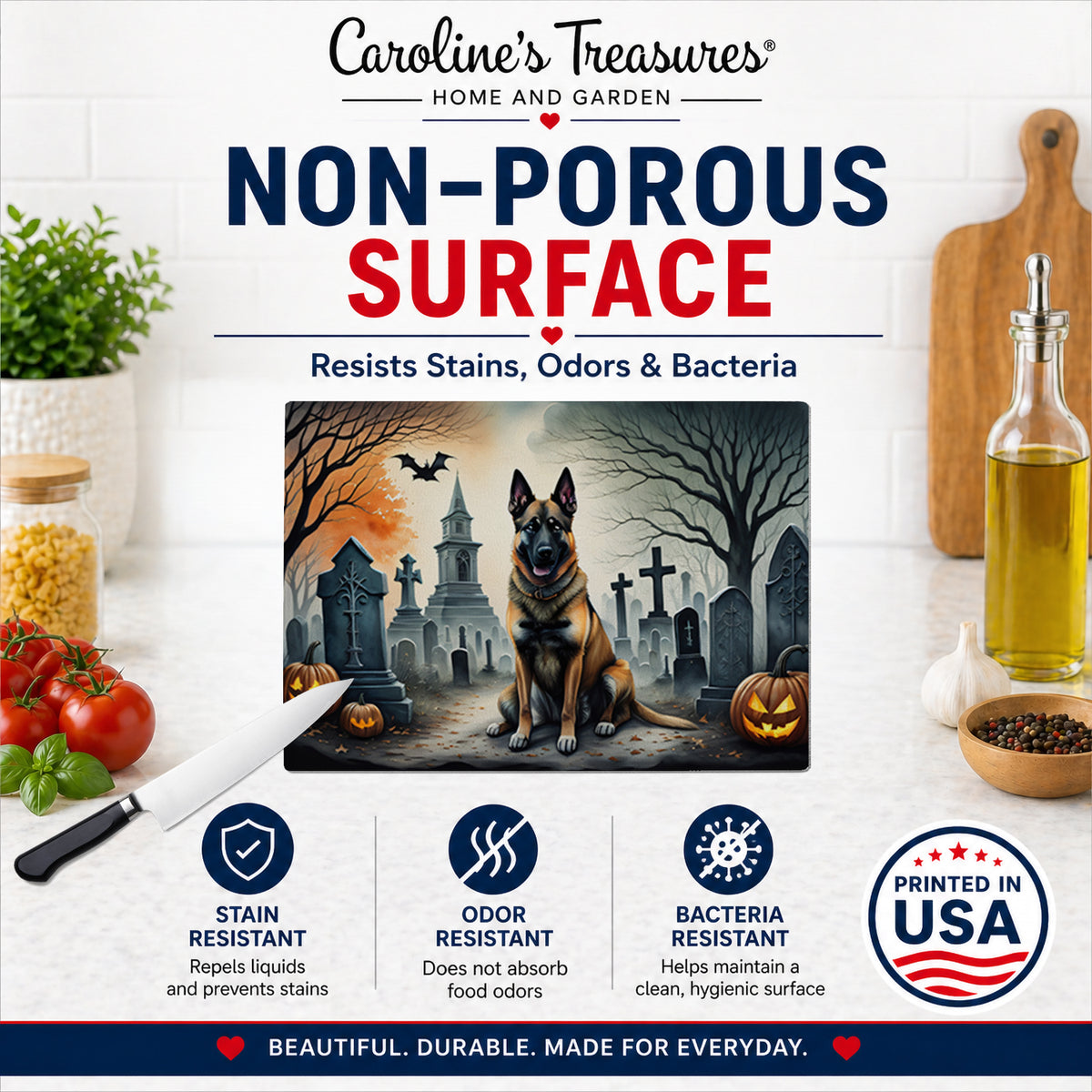 Caroline's Treasures DAC2013LCB Belgian Malinois Spooky Halloween Glass Cutting Board Large Decorative Tempered Glass Kitchen Cutting and Serving Board Large Size Chopping Board