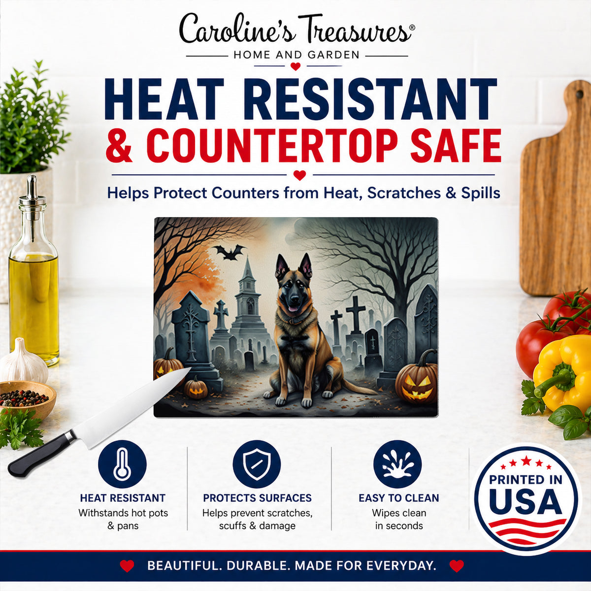 Caroline's Treasures DAC2013LCB Belgian Malinois Spooky Halloween Glass Cutting Board Large Decorative Tempered Glass Kitchen Cutting and Serving Board Large Size Chopping Board