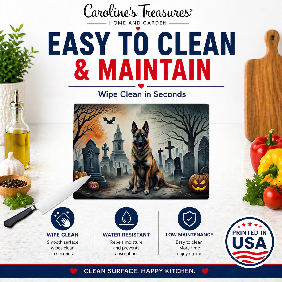 Caroline's Treasures DAC2013LCB Belgian Malinois Spooky Halloween Glass Cutting Board Large Decorative Tempered Glass Kitchen Cutting and Serving Board Large Size Chopping Board