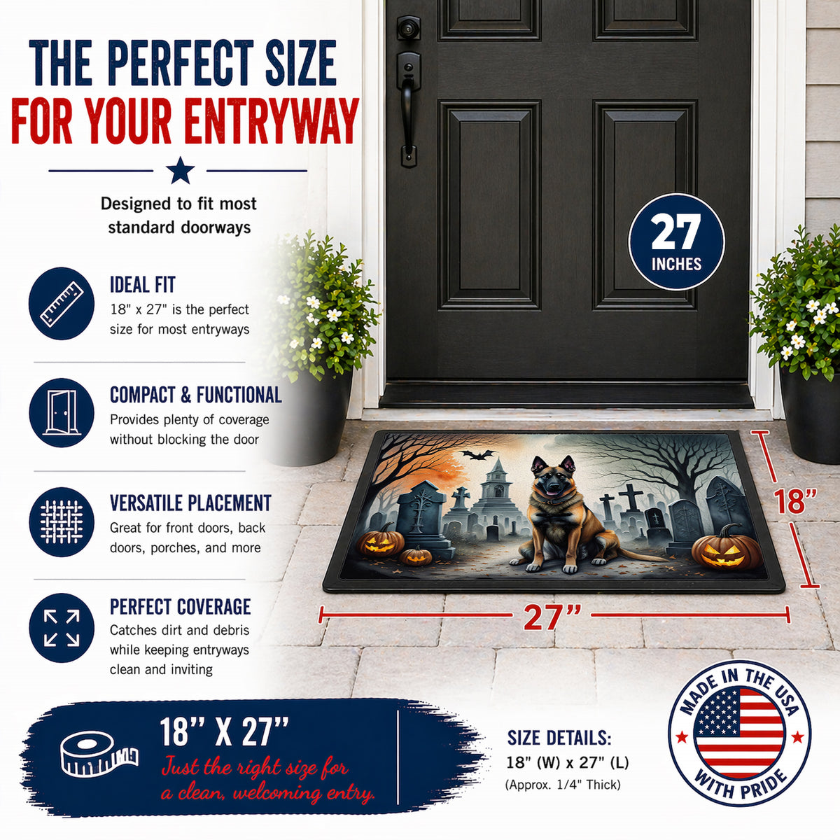 Caroline's Treasures DAC2013MAT Belgian Malinois Spooky Halloween Doormat 18x27 Front Door Mat Indoor Outdoor Rugs for Entryway, Non Slip Washable Low Pile, 18H X 27W