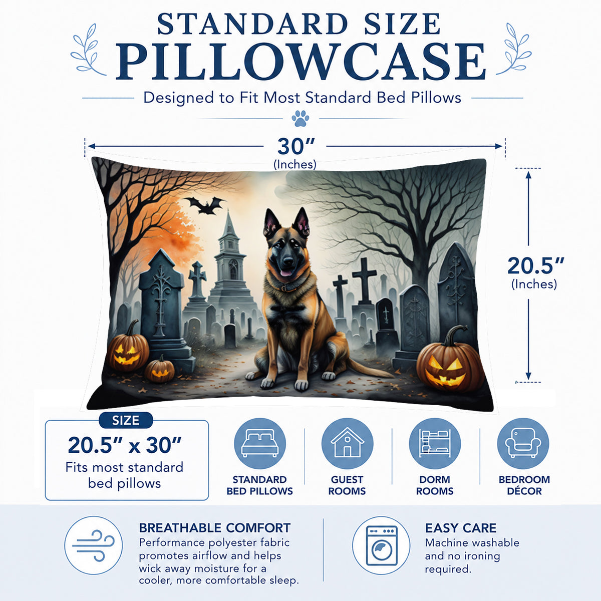 Caroline's Treasures DAC2013PILLOWCASE Belgian Malinois Spooky Halloween Fabric Standard Pillowcase Lightweight Super Soft Easy Care Decorative Artwork Pillowcase, Standard