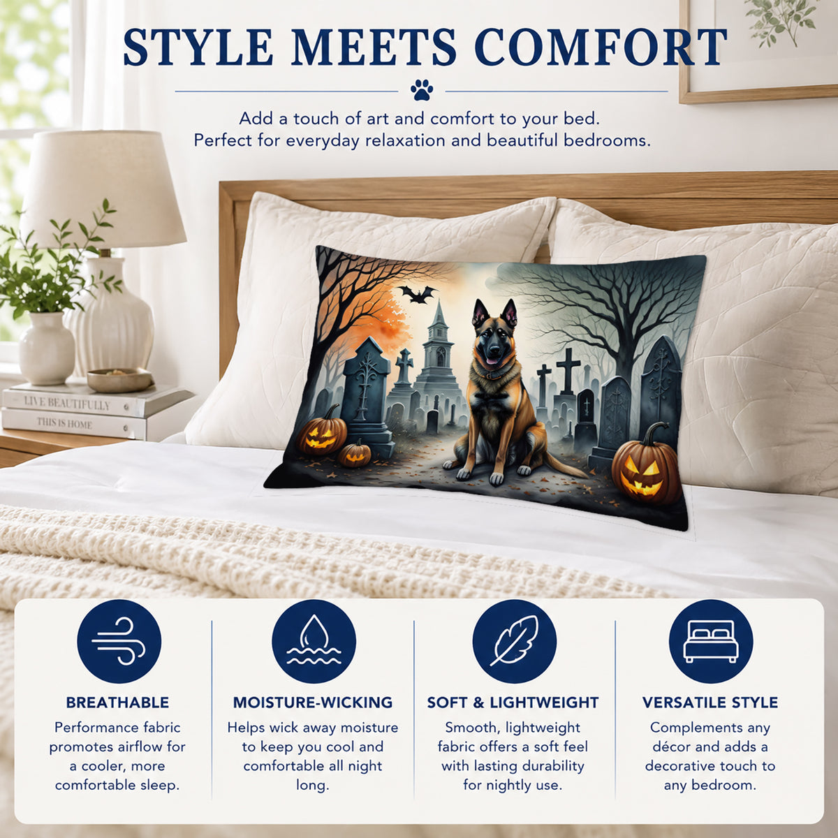 Caroline's Treasures DAC2013PILLOWCASE Belgian Malinois Spooky Halloween Fabric Standard Pillowcase Lightweight Super Soft Easy Care Decorative Artwork Pillowcase, Standard