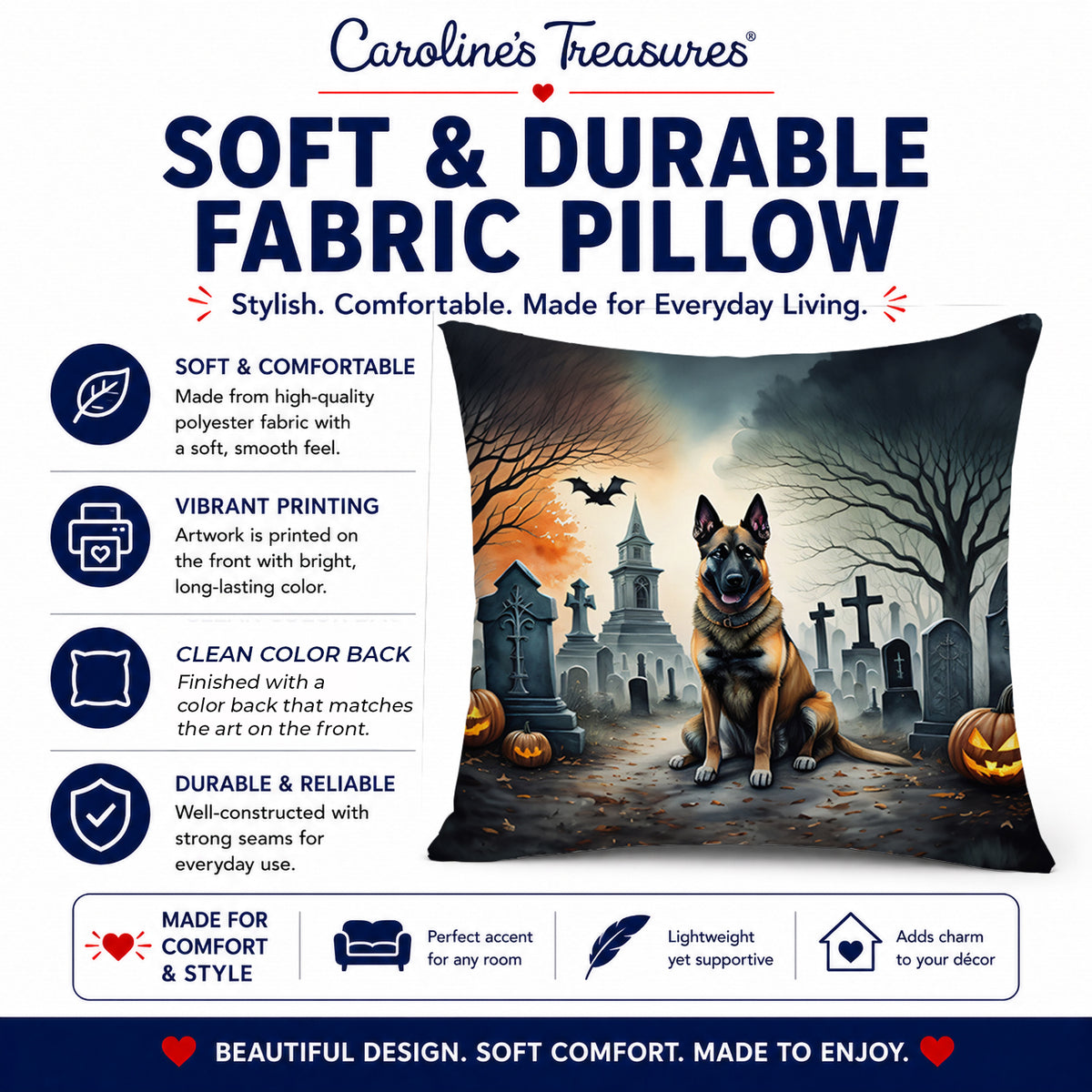 Caroline's Treasures DAC2013PW1818 Belgian Malinois Spooky Halloween Fabric Decorative Pillow Machine Washable, Indoor Outdoor Decorative Pillow for Couch, Bed or Patio, 18Hx18W