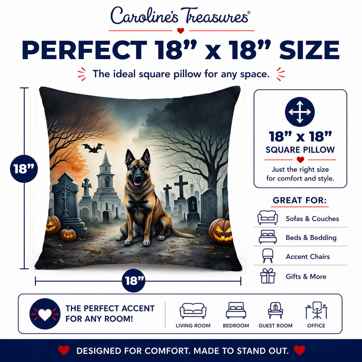 Caroline's Treasures DAC2013PW1818 Belgian Malinois Spooky Halloween Fabric Decorative Pillow Machine Washable, Indoor Outdoor Decorative Pillow for Couch, Bed or Patio, 18Hx18W