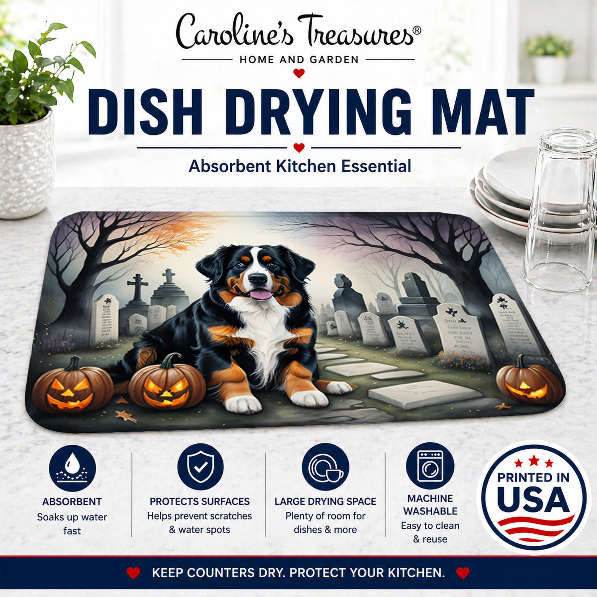 Caroline's Treasures DAC2014DDM Bernese Mountain Dog Spooky Halloween Dish Drying Mat Absorbent Dish Drying Mat Pad for Kitchen Counter Dish Drainer Mat for Countertop, 14 x 21, Multicolor