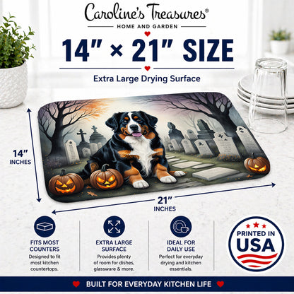 Caroline's Treasures DAC2014DDM Bernese Mountain Dog Spooky Halloween Dish Drying Mat Absorbent Dish Drying Mat Pad for Kitchen Counter Dish Drainer Mat for Countertop, 14 x 21, Multicolor