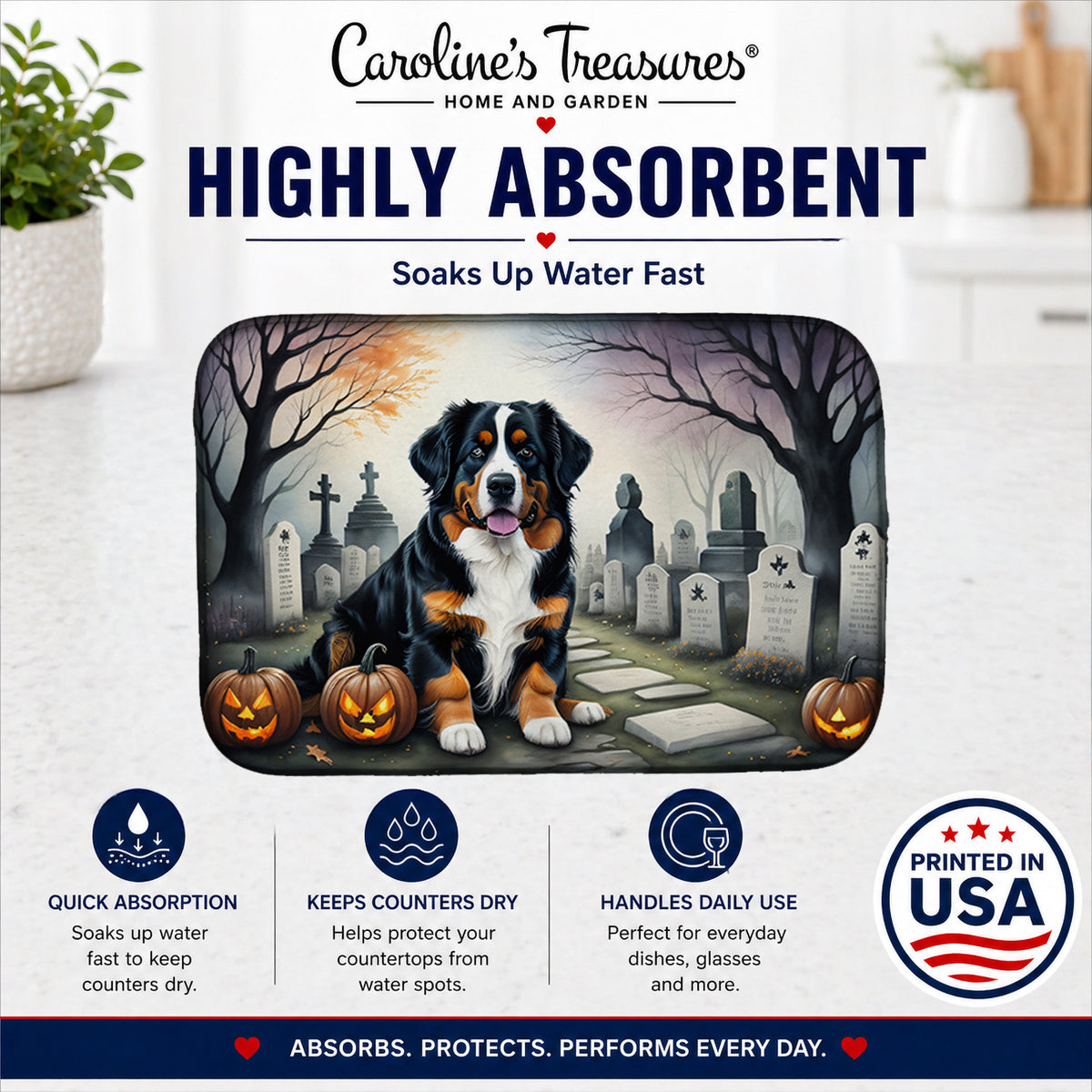 Caroline's Treasures DAC2014DDM Bernese Mountain Dog Spooky Halloween Dish Drying Mat Absorbent Dish Drying Mat Pad for Kitchen Counter Dish Drainer Mat for Countertop, 14 x 21, Multicolor