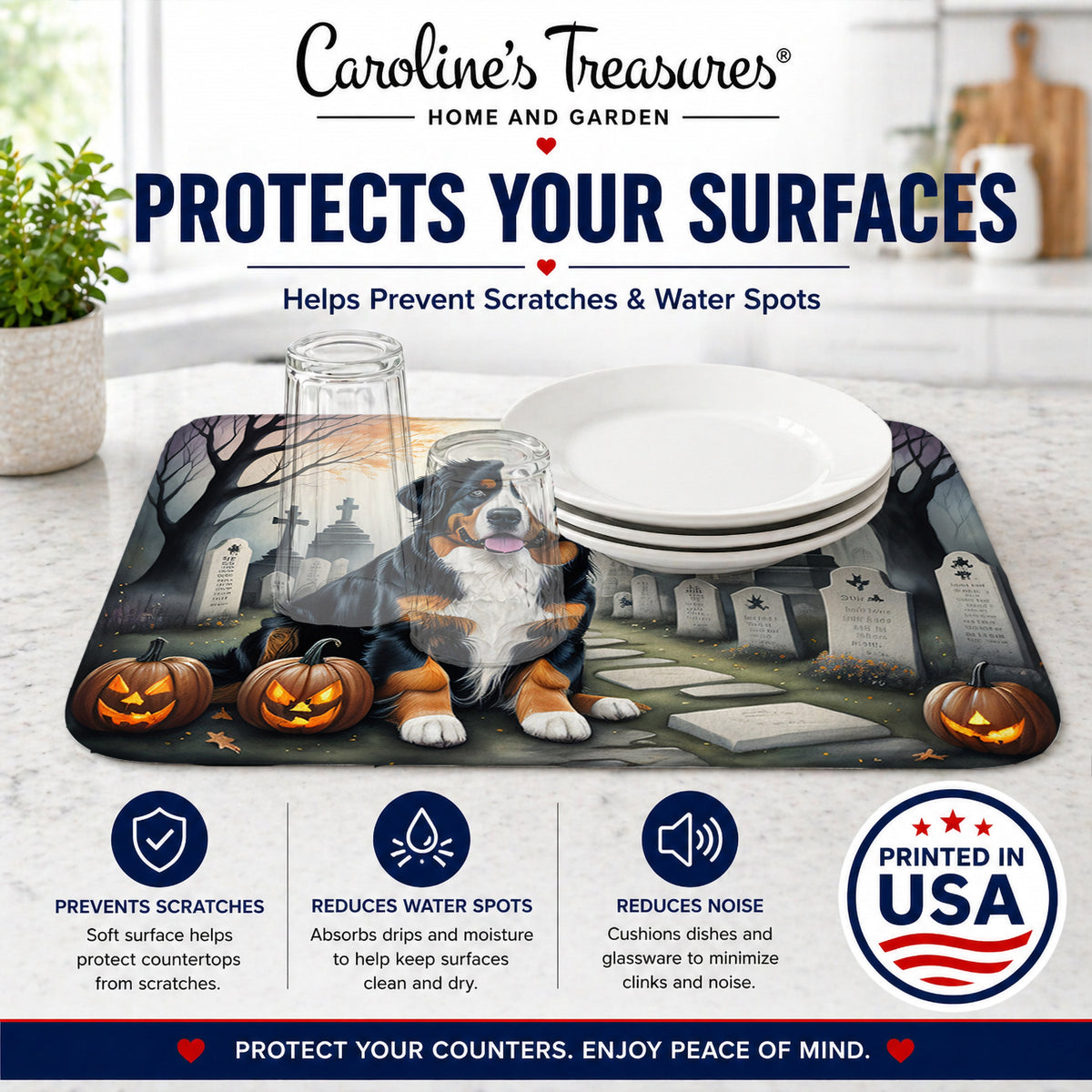 Caroline's Treasures DAC2014DDM Bernese Mountain Dog Spooky Halloween Dish Drying Mat Absorbent Dish Drying Mat Pad for Kitchen Counter Dish Drainer Mat for Countertop, 14 x 21, Multicolor
