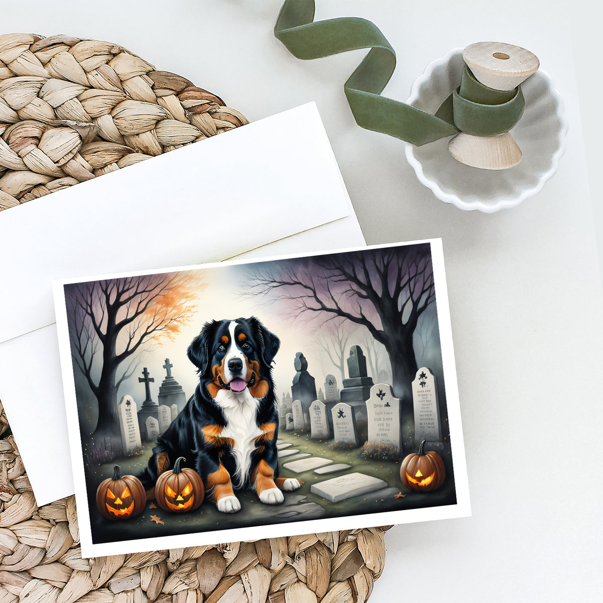 Caroline's Treasures DAC2014GCA7P Bernese Mountain Dog Spooky Halloween Greeting Cards and Envelopes Pack of 8 Blank Cards with Envelopes Whimsical A7 Size 5x7 Blank Greeting Cards