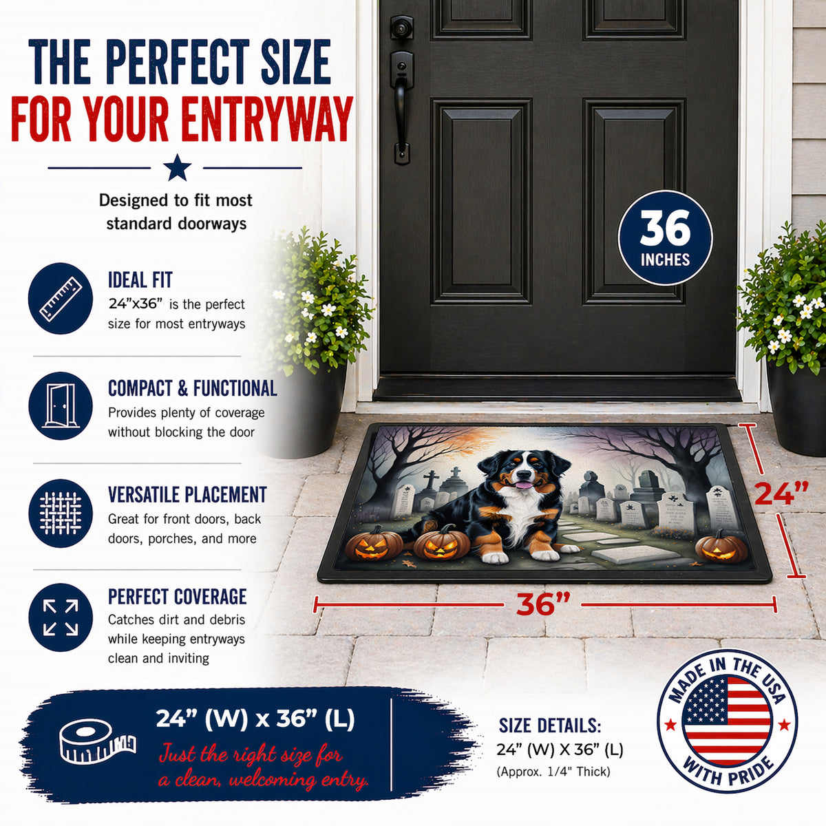 Caroline's Treasures DAC2014JMAT Bernese Mountain Dog Spooky Halloween Indoor or Outdoor Mat 24x36 Front Door Mat Indoor Outdoor Rugs for Entryway, Non Slip Washable Low Pile, 24H X 36W