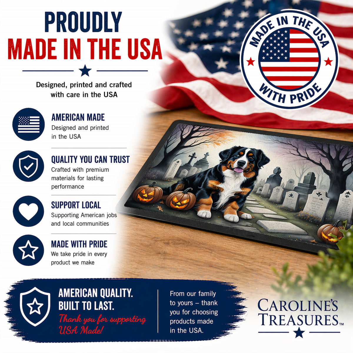 Caroline's Treasures DAC2014JMAT Bernese Mountain Dog Spooky Halloween Indoor or Outdoor Mat 24x36 Front Door Mat Indoor Outdoor Rugs for Entryway, Non Slip Washable Low Pile, 24H X 36W