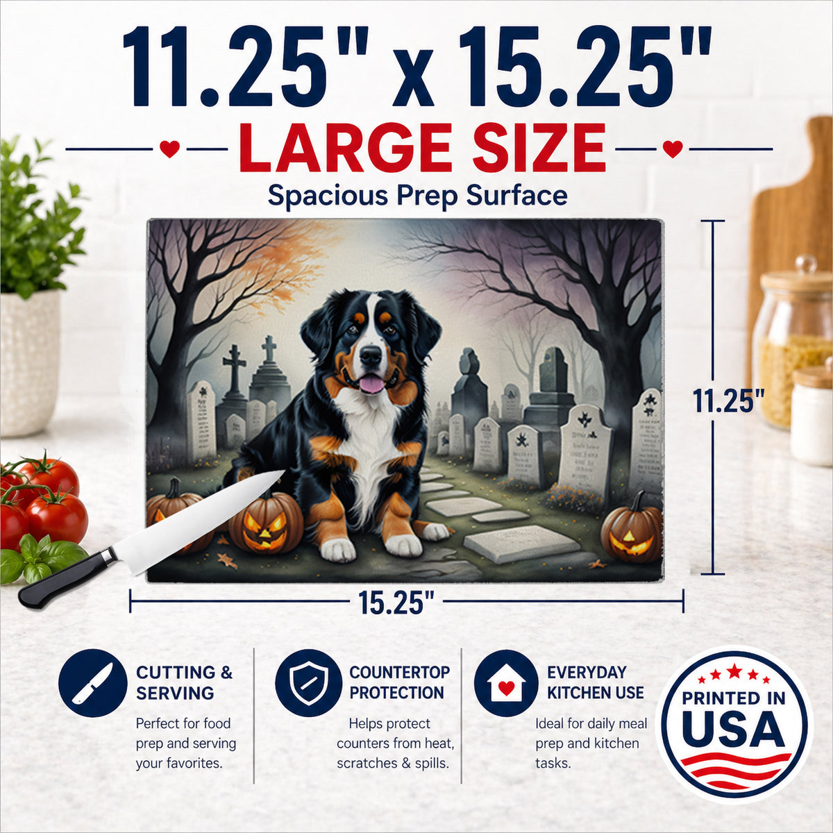 Caroline's Treasures DAC2014LCB Bernese Mountain Dog Spooky Halloween Glass Cutting Board Large Decorative Tempered Glass Kitchen Cutting and Serving Board Large Size Chopping Board