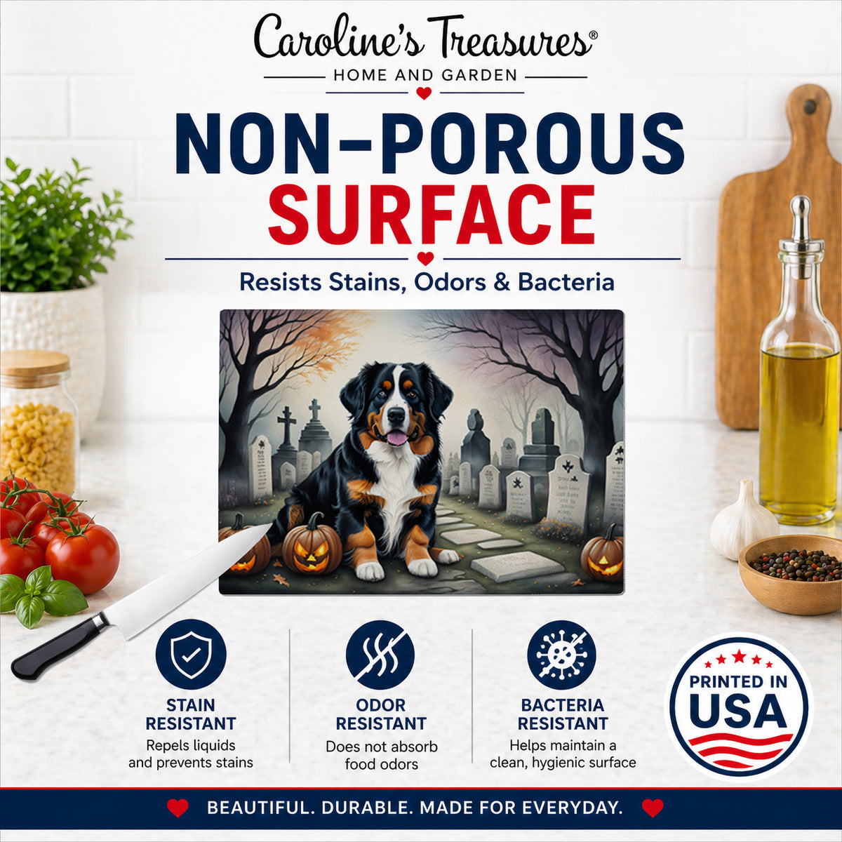 Caroline's Treasures DAC2014LCB Bernese Mountain Dog Spooky Halloween Glass Cutting Board Large Decorative Tempered Glass Kitchen Cutting and Serving Board Large Size Chopping Board