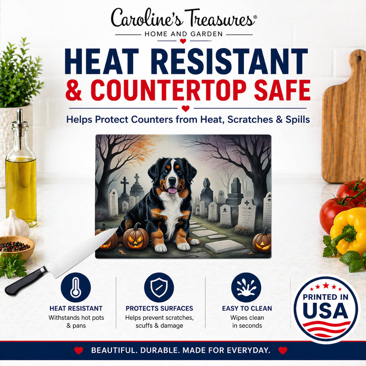 Caroline's Treasures DAC2014LCB Bernese Mountain Dog Spooky Halloween Glass Cutting Board Large Decorative Tempered Glass Kitchen Cutting and Serving Board Large Size Chopping Board