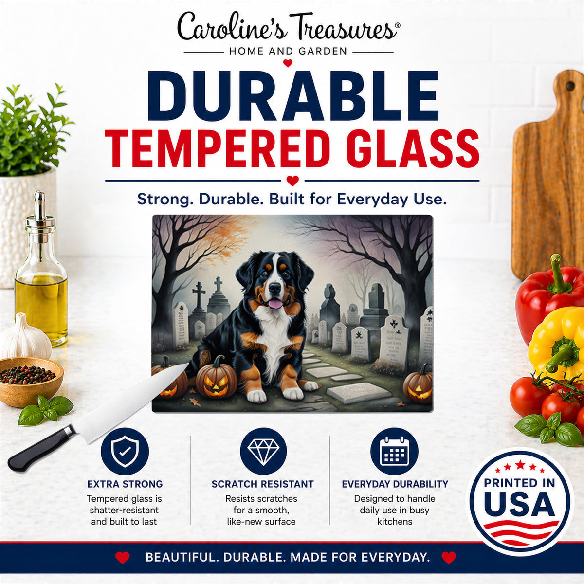 Caroline's Treasures DAC2014LCB Bernese Mountain Dog Spooky Halloween Glass Cutting Board Large Decorative Tempered Glass Kitchen Cutting and Serving Board Large Size Chopping Board