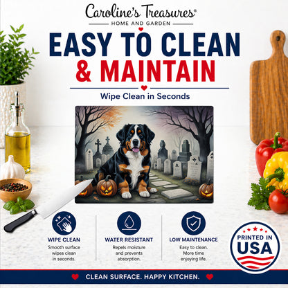 Caroline's Treasures DAC2014LCB Bernese Mountain Dog Spooky Halloween Glass Cutting Board Large Decorative Tempered Glass Kitchen Cutting and Serving Board Large Size Chopping Board
