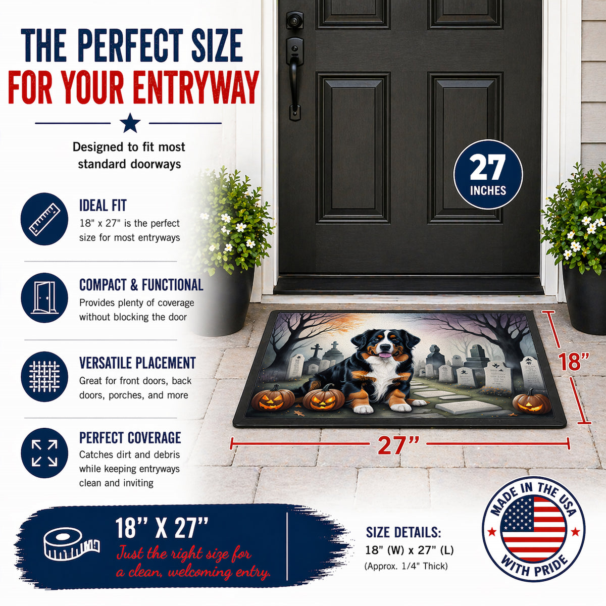 Caroline's Treasures DAC2014MAT Bernese Mountain Dog Spooky Halloween Doormat 18x27 Front Door Mat Indoor Outdoor Rugs for Entryway, Non Slip Washable Low Pile, 18H X 27W