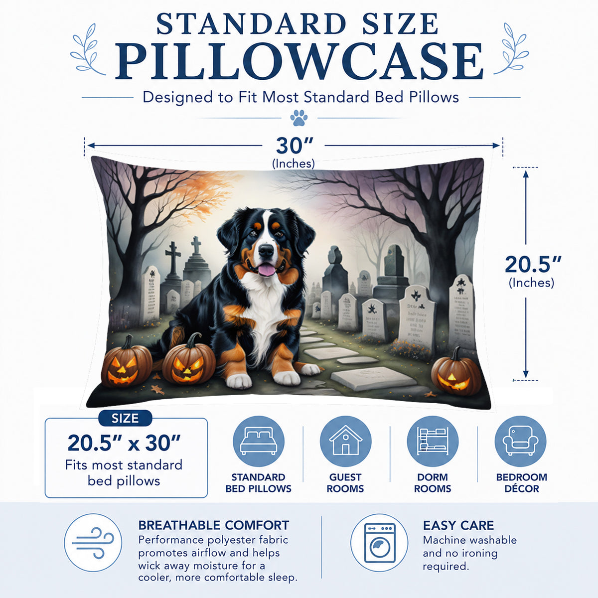 Caroline's Treasures DAC2014PILLOWCASE Bernese Mountain Dog Spooky Halloween Fabric Standard Pillowcase Lightweight Super Soft Easy Care Decorative Artwork Pillowcase, Standard